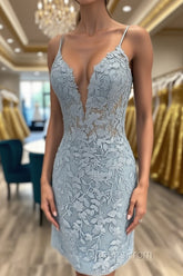 V Neck Light Blue Short Lace Evening Prom Dress, Light Blue Short Blue Lace Graduation Homecoming Dress