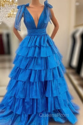 V-Neck Long Evening Prom Dress With Ruffle Skirt