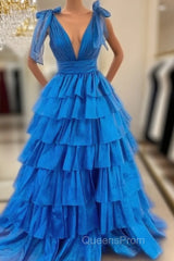 V-Neck Long Evening Prom Dress With Ruffle Skirt