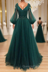 V Neck Long Sleeves Green Lace Evening Prom Dress, V Neck Green Lace Formal Evening Dress