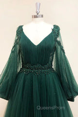 V Neck Long Sleeves Green Lace Evening Prom Dress, V Neck Green Lace Formal Evening Dress