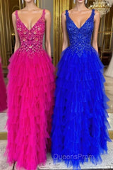 V-Neck Magenta Lace Appliques Layered Tulle Evening Prom Dress