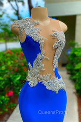 V-neck Mermaid Appliques Lace Sequined Open Back One Shoulder Floor-length Sleeveless Evening Prom Dress
