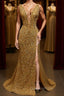V Neck Mermaid Golden Sequins Long Evening Prom Dress with High Slit, Mermaid Golden Formal Dress, Gold Sequins Evening Dress