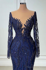 V-neck Mermaid Lace Floor-length Long Sleeve Sequined Prom Dress