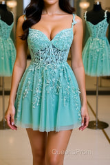 V Neck Mint Green Lace Short Evening Prom Dress, Mint Green Lace Homecoming Dress, Mint Green Formal Evening Dress