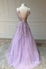 V Neck Off Shoulder Long Lilac Lace Evening Prom Dress, Off Shoulder Purple Lace Formal Graduation Evening Dress