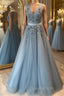 V Neck Open Back Beaded Blue Long Evening Prom Dress with 3D Flowers, Open Back Blue Formal Graduation Evening Dress