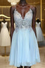 V Neck Open Back Blue Lace Short Evening Prom Dress, Blue Lace Homecoming Dress, Short Blue Formal Evening Dress