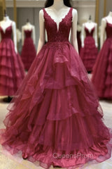 V Neck Open Back Burgundy Lace Long Evening Prom Dress, Burgundy Lace Formal Evening Dress, Burgundy Ball Gown