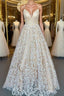 V Neck Open Back Champagne Lace Long Evening Prom Dress, Champagne Lace Formal Graduation Evening Dress