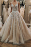 V Neck Open Back Champagne Tulle Lace Long Evening Prom Dress with Belt, Champagne Lace Formal Evening Dress, Champagne Ball Gown