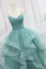 V Neck Open Back Fluffy Green Tulle Long Evening Prom Dress, Green Formal Evening Dress, Ball Gown