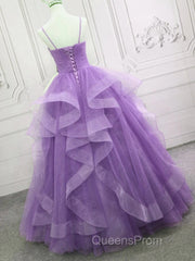 V Neck Open Back Fluffy Purple Tulle Long Evening Prom Dress