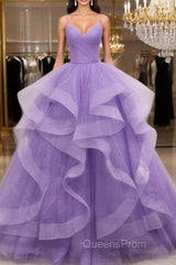 V Neck Open Back Fluffy Purple Tulle Long Evening Prom Dress