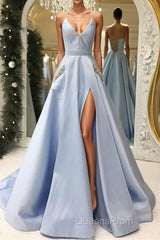 V Neck Open Back Light Blue Satin Long Evening Prom Dress with Pocket