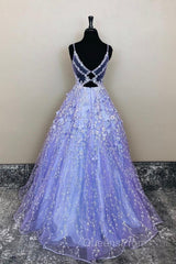 V Neck Open Back Purple Lace Floral Long Evening Prom Dress, Purple Lace Floral Formal Evening Dress