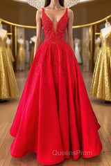 V Neck Open Back Red Lace Long Evening Prom Dress, Red Lace Formal Dress, Beaded Red Evening Dress