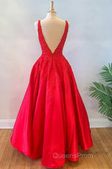 V Neck Open Back Red Lace Long Evening Prom Dress, Red Lace Formal Dress, Beaded Red Evening Dress