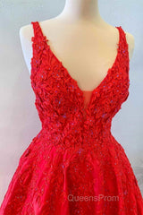 V Neck Open Back Red Lace Long Evening Prom Dress, Red Lace Formal Dress, Beaded Red Evening Dress