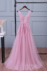 V Neck Pink Lace Evening Prom Dress, Pink V Neck Lace Bridesmaid Formal Dress