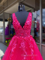 V Neck Pink Lace Evening Prom Dress, Pink V Neck Long Lace Formal Evening Dress