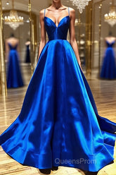 V Neck Royal Blue Backless Evening Prom Dress, Royal Blue Backless Formal Graduation Evening Dress
