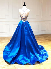 V Neck Royal Blue Backless Evening Prom Dress, Royal Blue Backless Formal Graduation Evening Dress