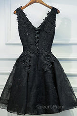 V Neck Short Black Lace Evening Prom Dress, Black Lace Homecoming Dress, Short Black Formal Evening Dress