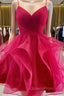 V Neck Short Burgundy Evening Prom Dress, Short Burgundy Formal Homecoming Graduation Dress