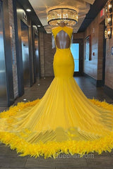 V Neck Yellow Feather Trumpet Mermaid Evening Prom Dress