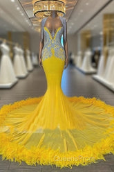 V Neck Yellow Feather Trumpet Mermaid Evening Prom Dress
