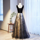 V-neckline Black Tulle with Velvet Top Long Evening Dress Party Dress, A-line Wedding Party Dress