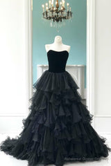 Velvet Strapless Black Prom Gowns with Pleated Tiered Skirt,Prom Dress