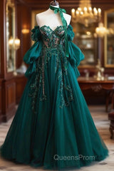 Vintage A Line Appliques Lace-Up A-Line Dark Green Tulle Evening Prom Dress