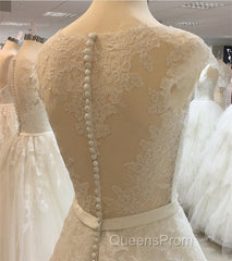 Vintage A-Line Cap Sleeves Crystal Beaded Sashes Wedding Lace Dress