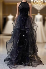 Vintage A Line Halter Black Party Dress Sequin Evening Prom Dress