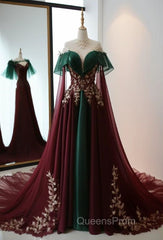 Vintage A Line High Neckline Tulle Burgundy Evening Prom Dress
