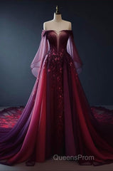 Vintage A Line Off The Shoulder Tulle Burgundy Evening Prom Dress