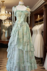 Vintage A Line Spaghetti Straps Green Floral Long Birthday Dress Evening Prom Dress Birthday Outfits