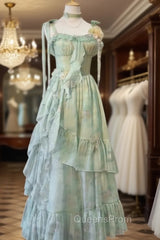 Vintage A Line Spaghetti Straps Green Floral Long Birthday Dress Evening Prom Dress Birthday Outfits