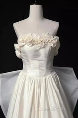 Vintage A Line Strapless Satin White Long Wedding Dress Brides Dress