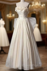 Vintage A Line Strapless Satin White Long Wedding Dress Brides Dress