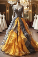 Vintage A-Line Tulle V-Neck Long Ball Gown, Spaghetti Straps Evening Gown