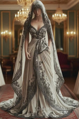 Vintage A-Line V-Neck Lace Appliqu Long Evening Prom Dress With Veil Wedding Dress