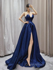 Vintage A-Line V Neck Satin Dark Blue Long Evening Prom Dress, Blue Long Formal Dress