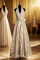 Vintage A Line V Neckline Champagne Lace Evening Prom Gown Fairy Evening Prom Dress