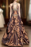 Vintage Ball Gown Halter Brown Sleeveless Long Evening Prom Gown Fairy Evening Prom Dress