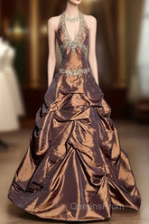 Vintage Ball Gown Halter Brown Sleeveless Long Evening Prom Gown Fairy Evening Prom Dress
