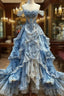 Vintage Ball Gown Strapless Off The Shoulder Blue Lace Evening Prom Dress Party Dress